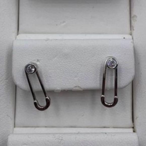 Jewelry - 925 Sterling Silver Safety Pin Stud Earrings with Cubic Zirconia